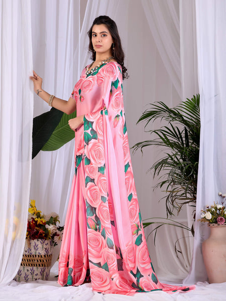 Aastha Fashion Pink Soft Satin Floral Digital Print Saree
