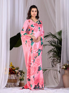 Aastha Fashion Pink Soft Satin Floral Digital Print Saree - Distacart
