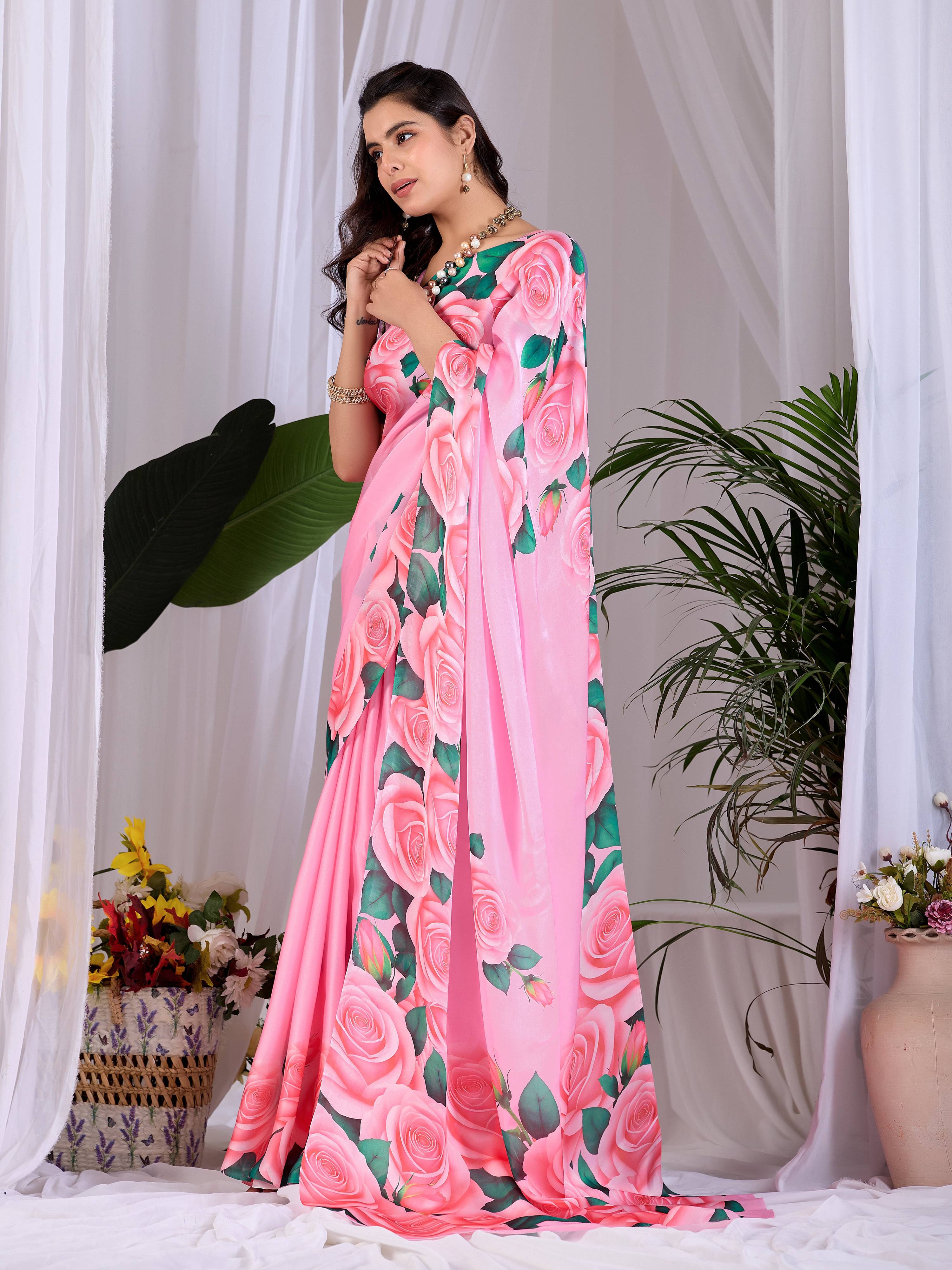 Aastha Fashion Pink Soft Satin Floral Digital Print Saree - Distacart