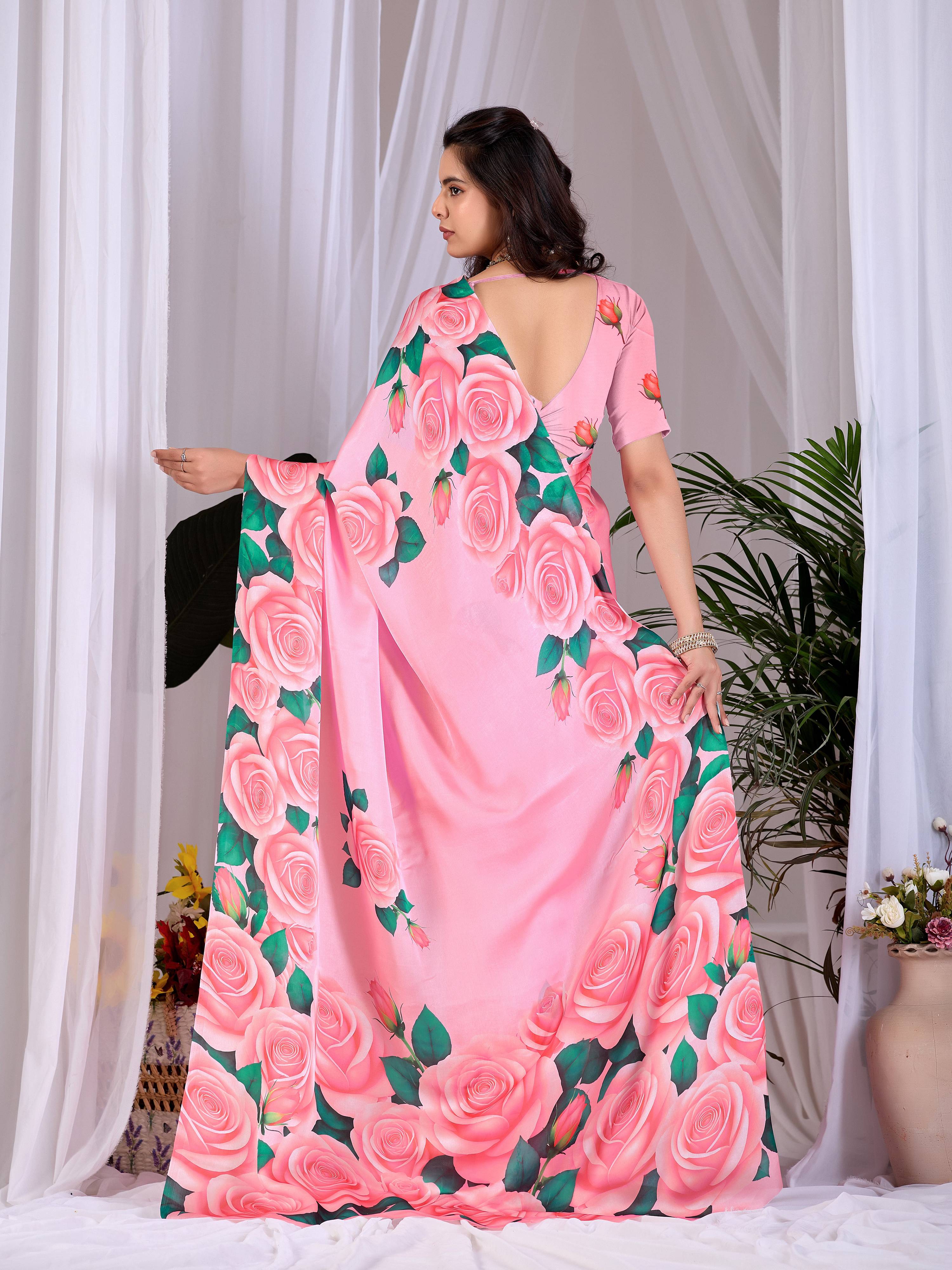 Aastha Fashion Pink Soft Satin Floral Digital Print Saree - Distacart