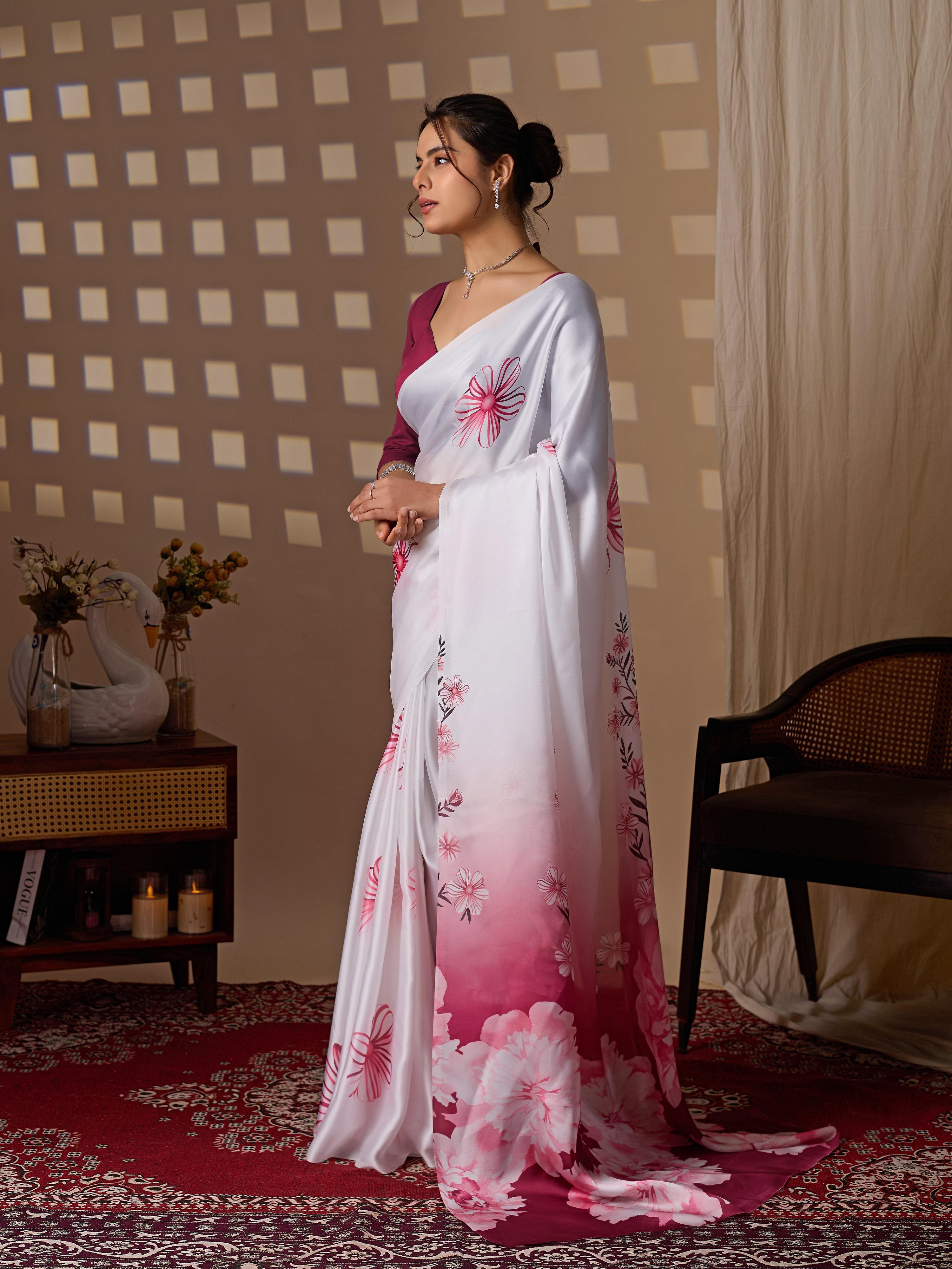 Aastha Fashion White Soft Satin Floral Digital Print Saree - Distacart