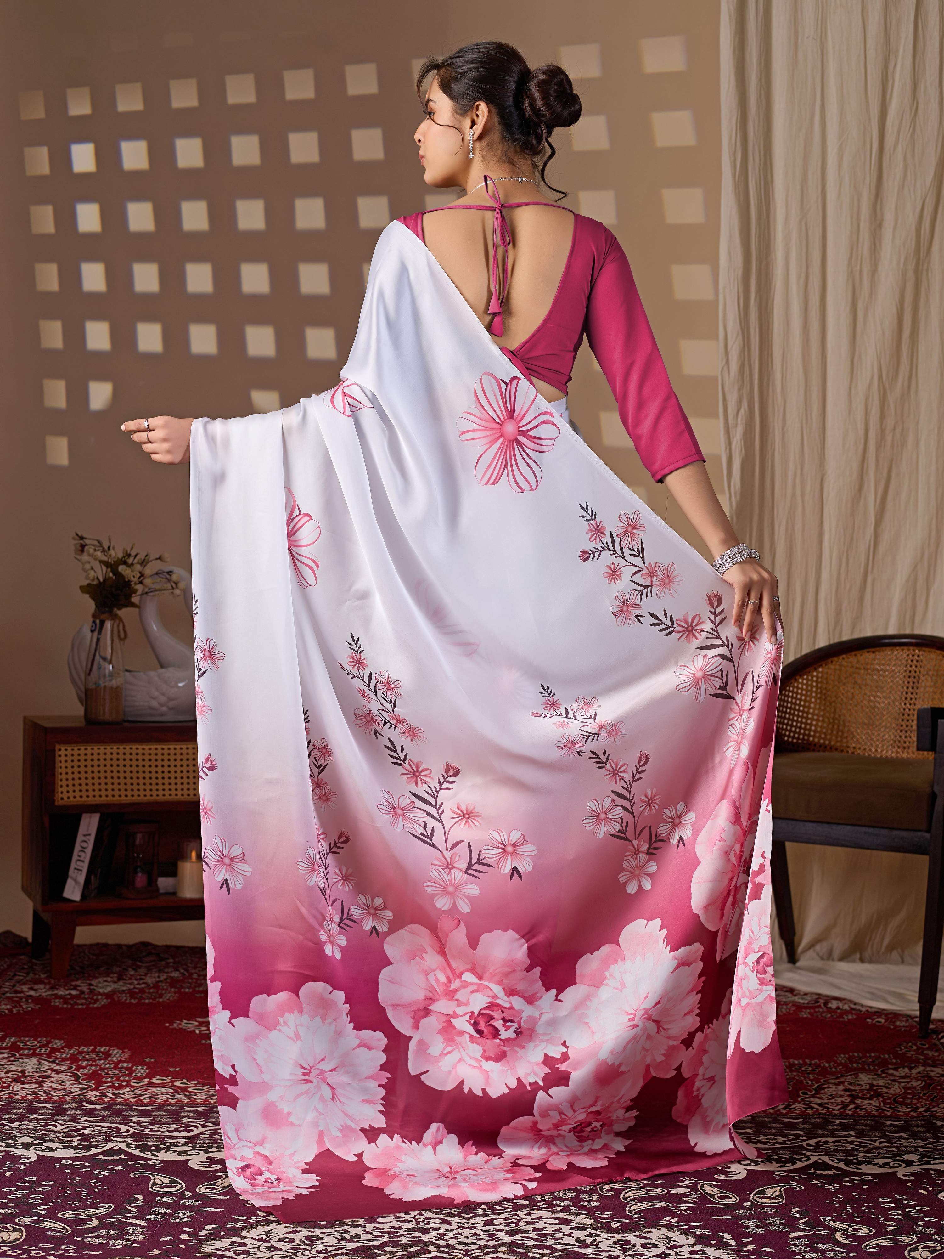 Aastha Fashion White Soft Satin Floral Digital Print Saree - Distacart