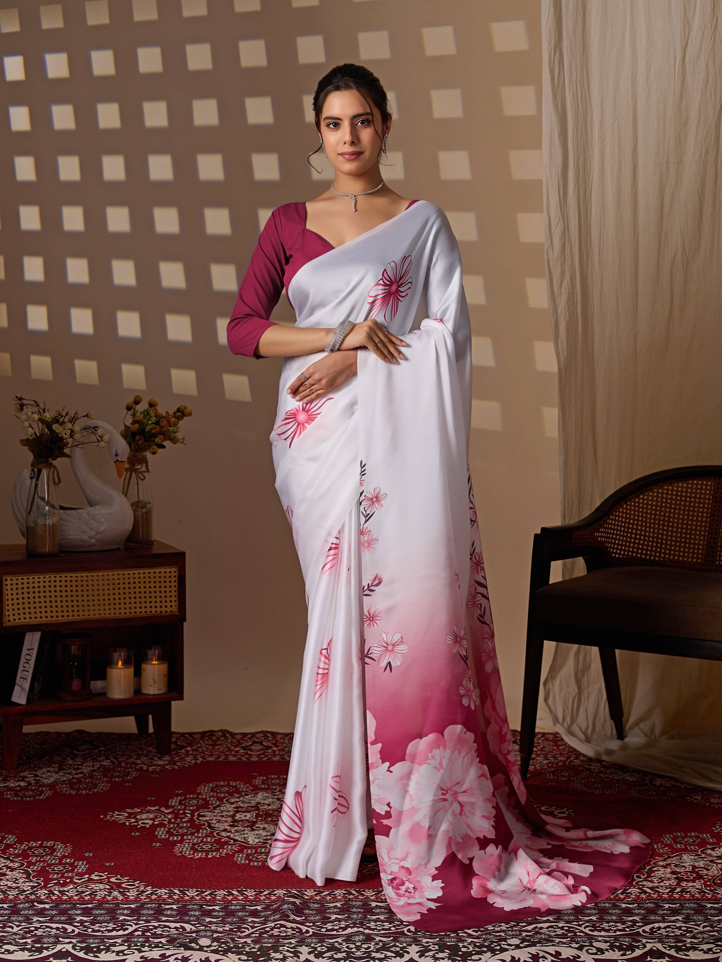 Aastha Fashion White Soft Satin Floral Digital Print Saree - Distacart
