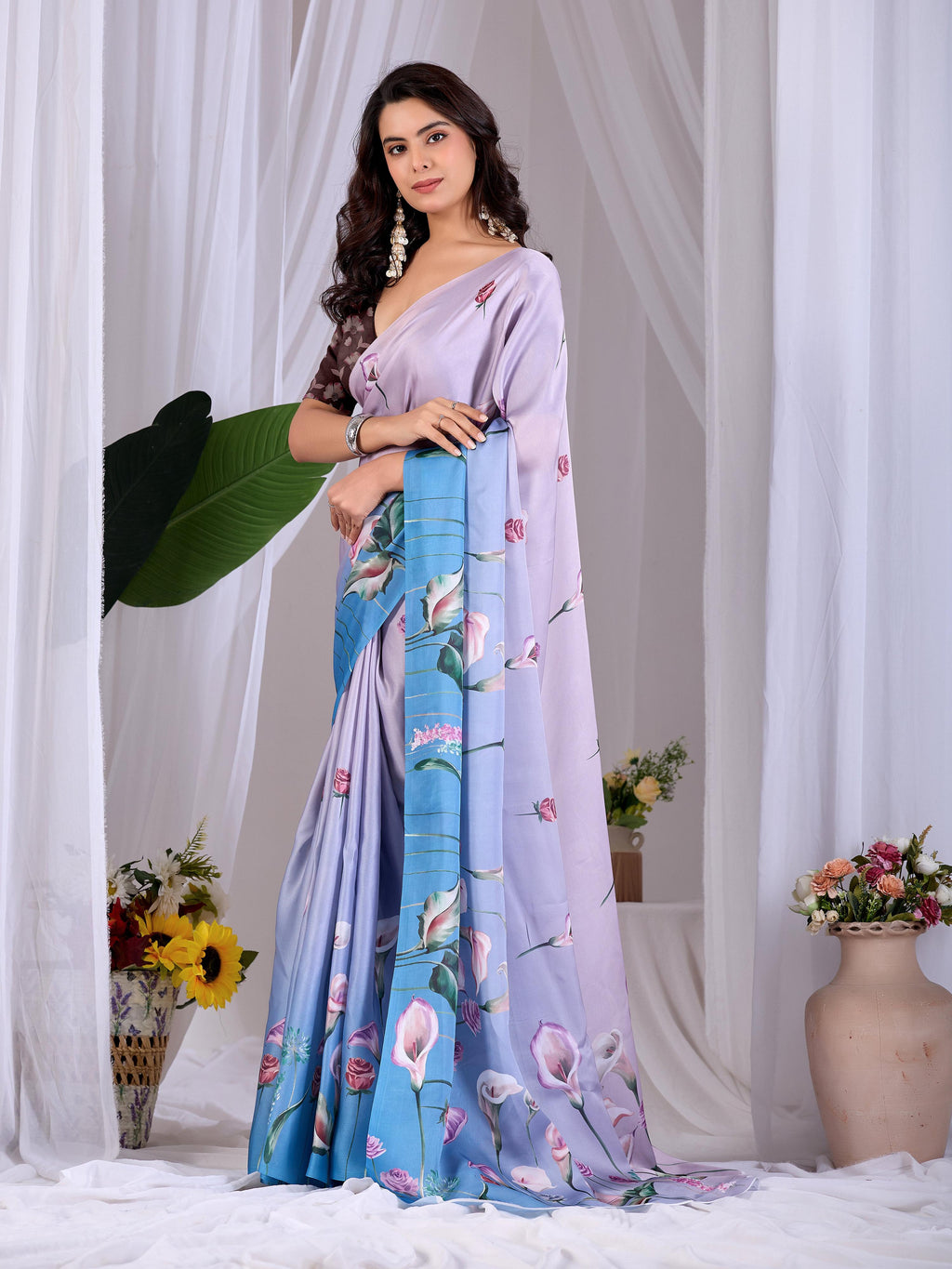 Aastha Fashion Lavender Soft Satin Floral Digital Print Saree - Distacart