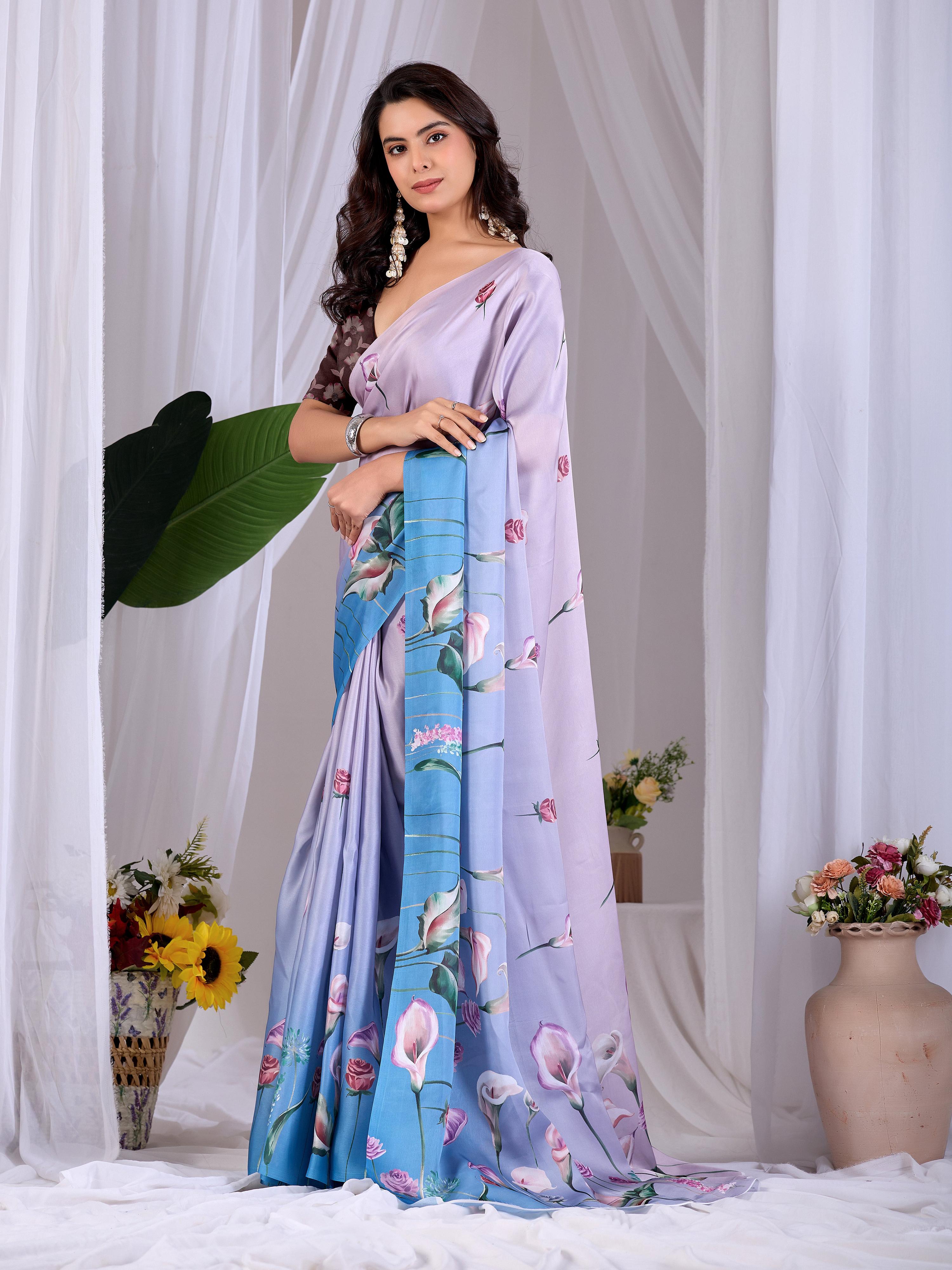 Aastha Fashion Lavender Soft Satin Floral Digital Print Saree - Distacart