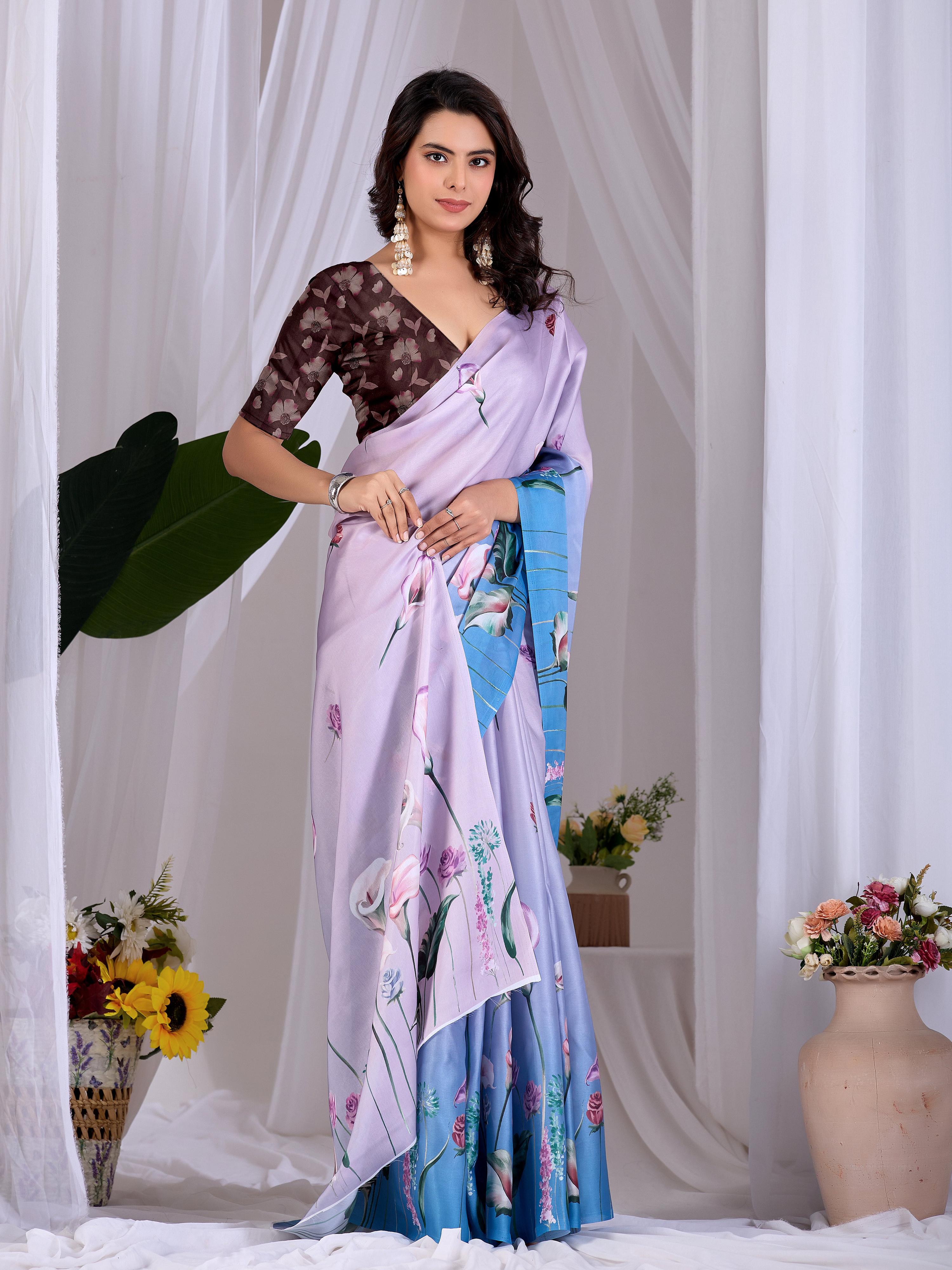 Aastha Fashion Lavender Soft Satin Floral Digital Print Saree - Distacart