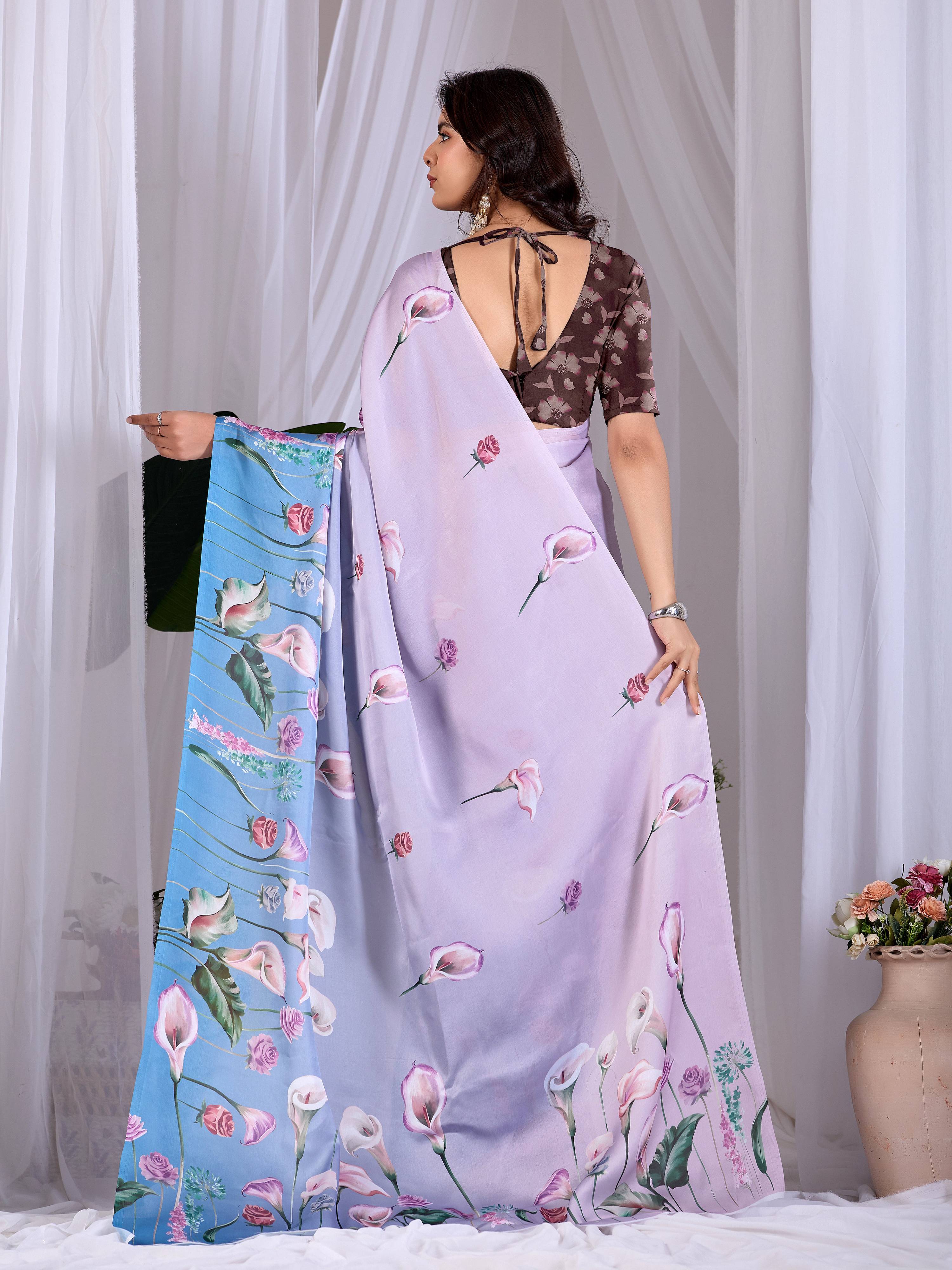 Aastha Fashion Lavender Soft Satin Floral Digital Print Saree - Distacart