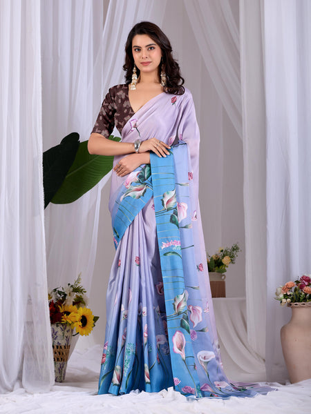 Aastha Fashion Lavender Soft Satin Floral Digital Print Saree