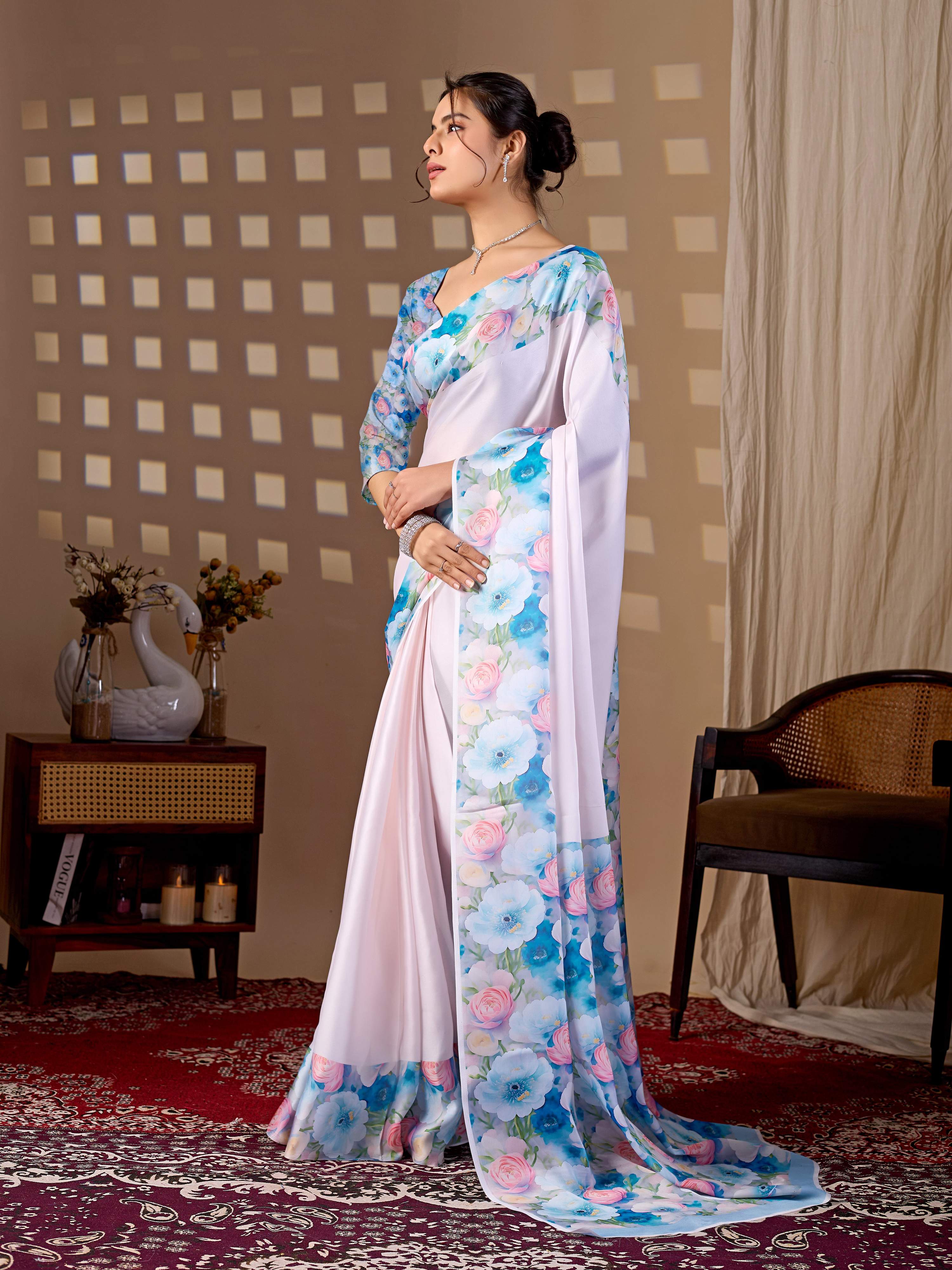 Aastha Fashion Light Pink Soft Satin Floral Digital Print Saree - Distacart