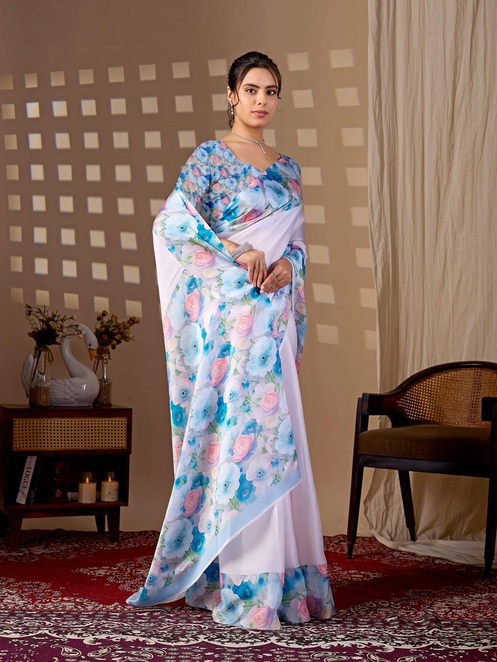 Aastha Fashion Light Pink Soft Satin Floral Digital Print Saree - Distacart