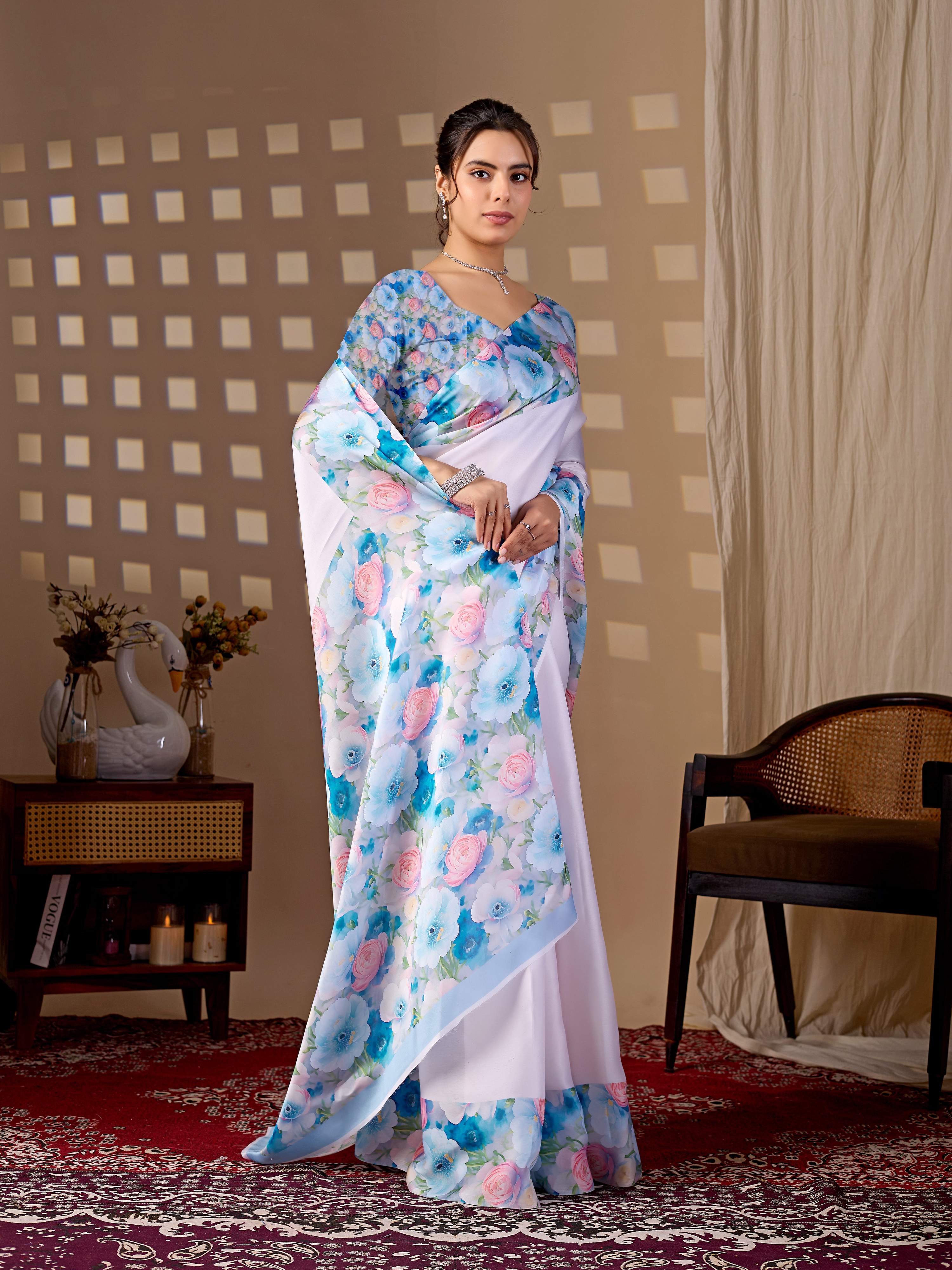 Aastha Fashion Light Pink Soft Satin Floral Digital Print Saree - Distacart