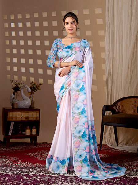 Aastha Fashion Light Pink Soft Satin Floral Digital Print Saree