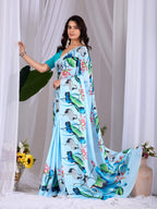 Aastha Fashion See Green Soft Satin Floral Digital Print Saree - Distacart