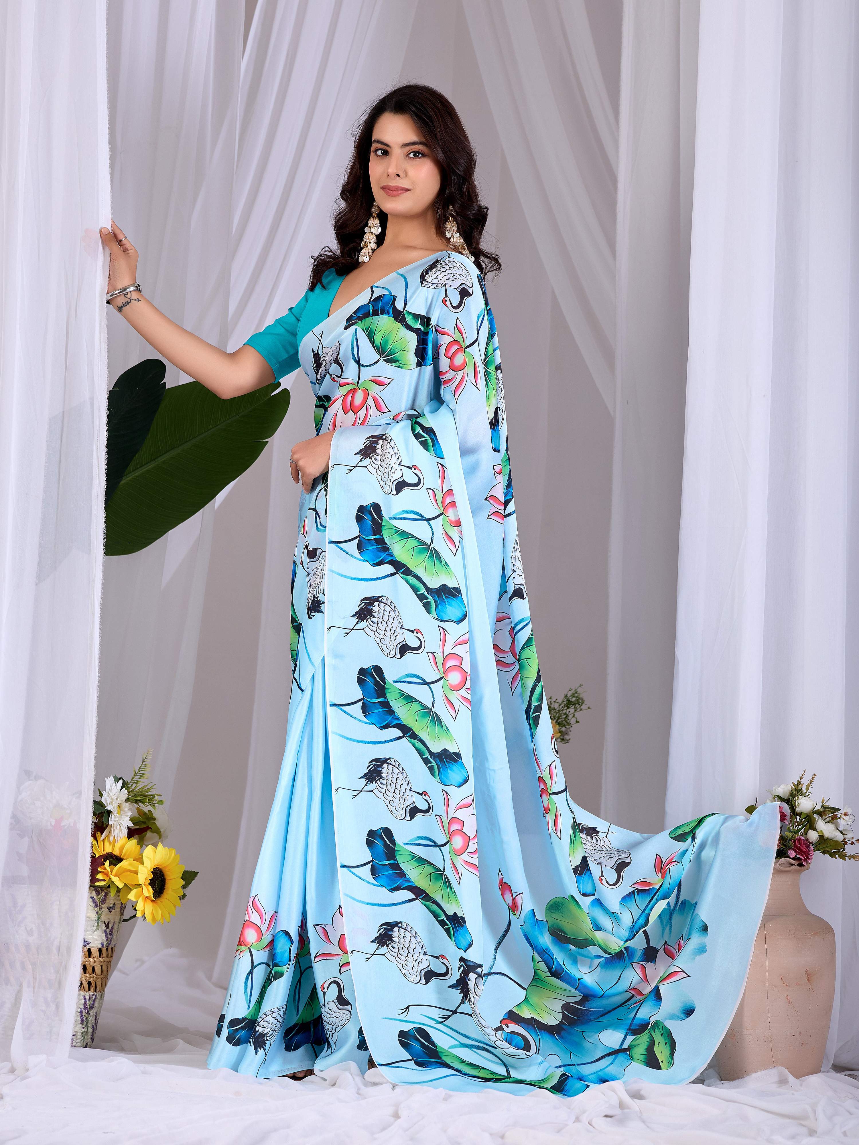 Aastha Fashion See Green Soft Satin Floral Digital Print Saree - Distacart