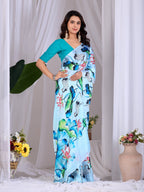 Aastha Fashion See Green Soft Satin Floral Digital Print Saree - Distacart