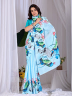 Aastha Fashion See Green Soft Satin Floral Digital Print Saree - Distacart