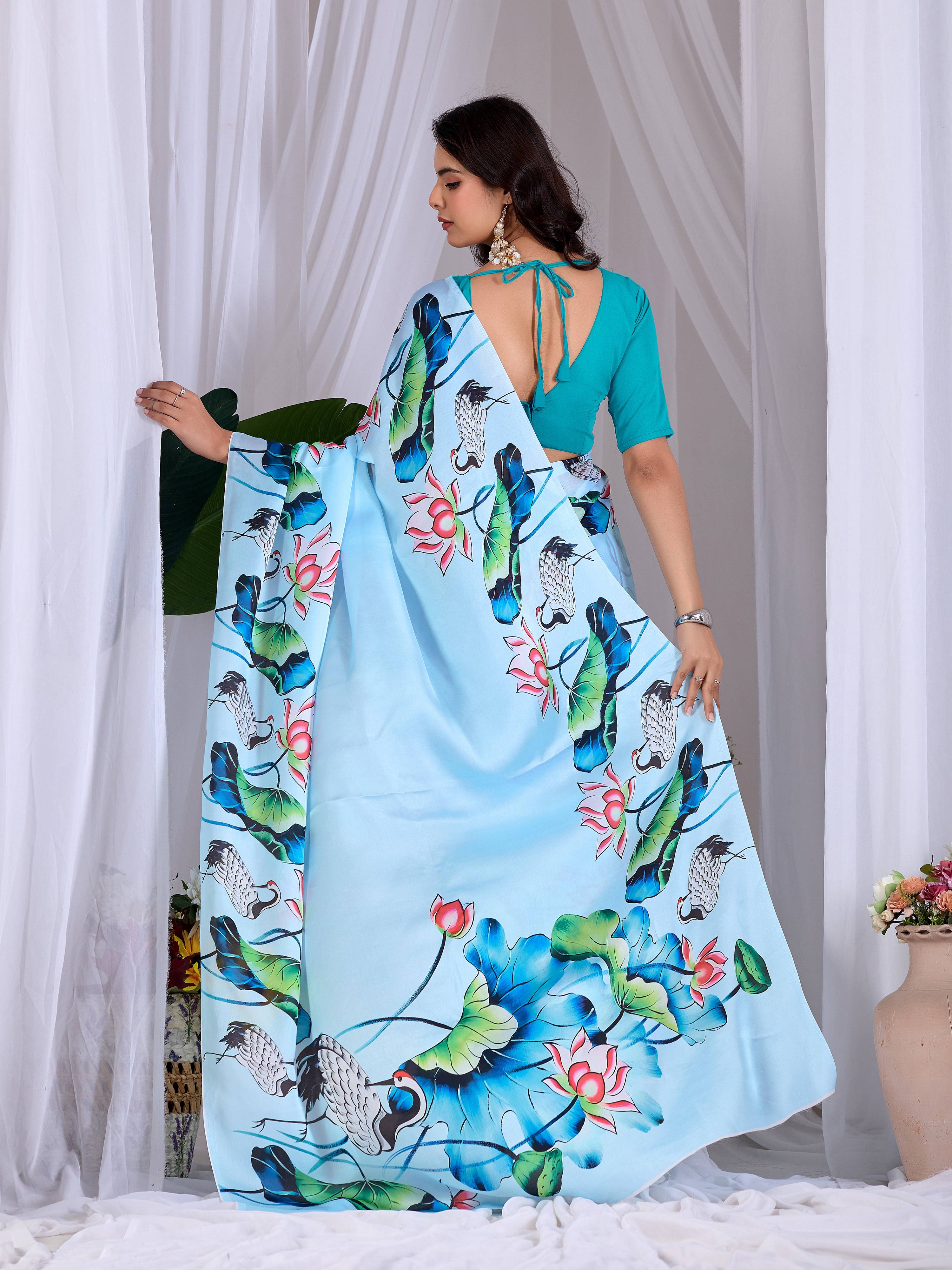 Aastha Fashion See Green Soft Satin Floral Digital Print Saree - Distacart
