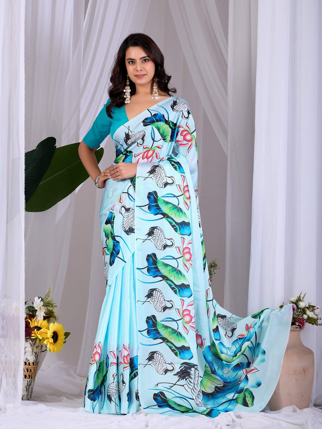 Aastha Fashion See Green Soft Satin Floral Digital Print Saree - Distacart