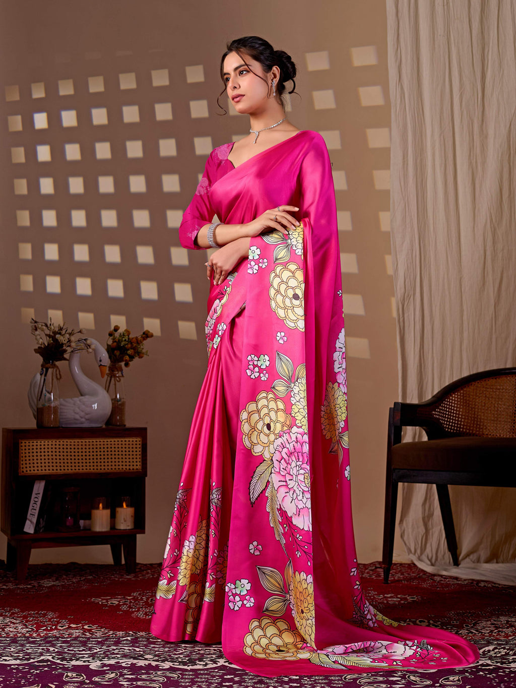 Aastha Fashion Magenta Soft Satin Floral Digital Print Saree - Distacart
