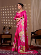 Aastha Fashion Magenta Soft Satin Floral Digital Print Saree - Distacart