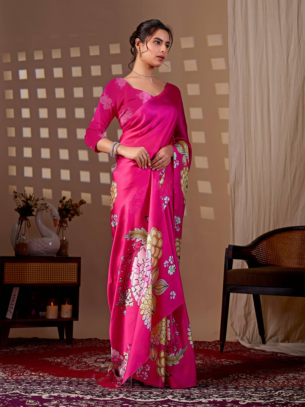 Aastha Fashion Magenta Soft Satin Floral Digital Print Saree - Distacart