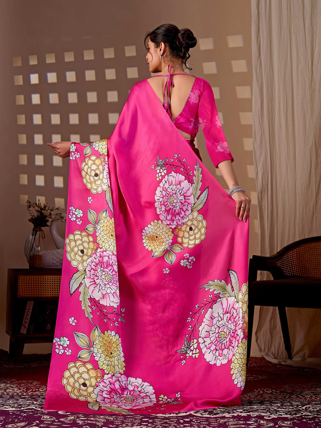 Aastha Fashion Magenta Soft Satin Floral Digital Print Saree - Distacart