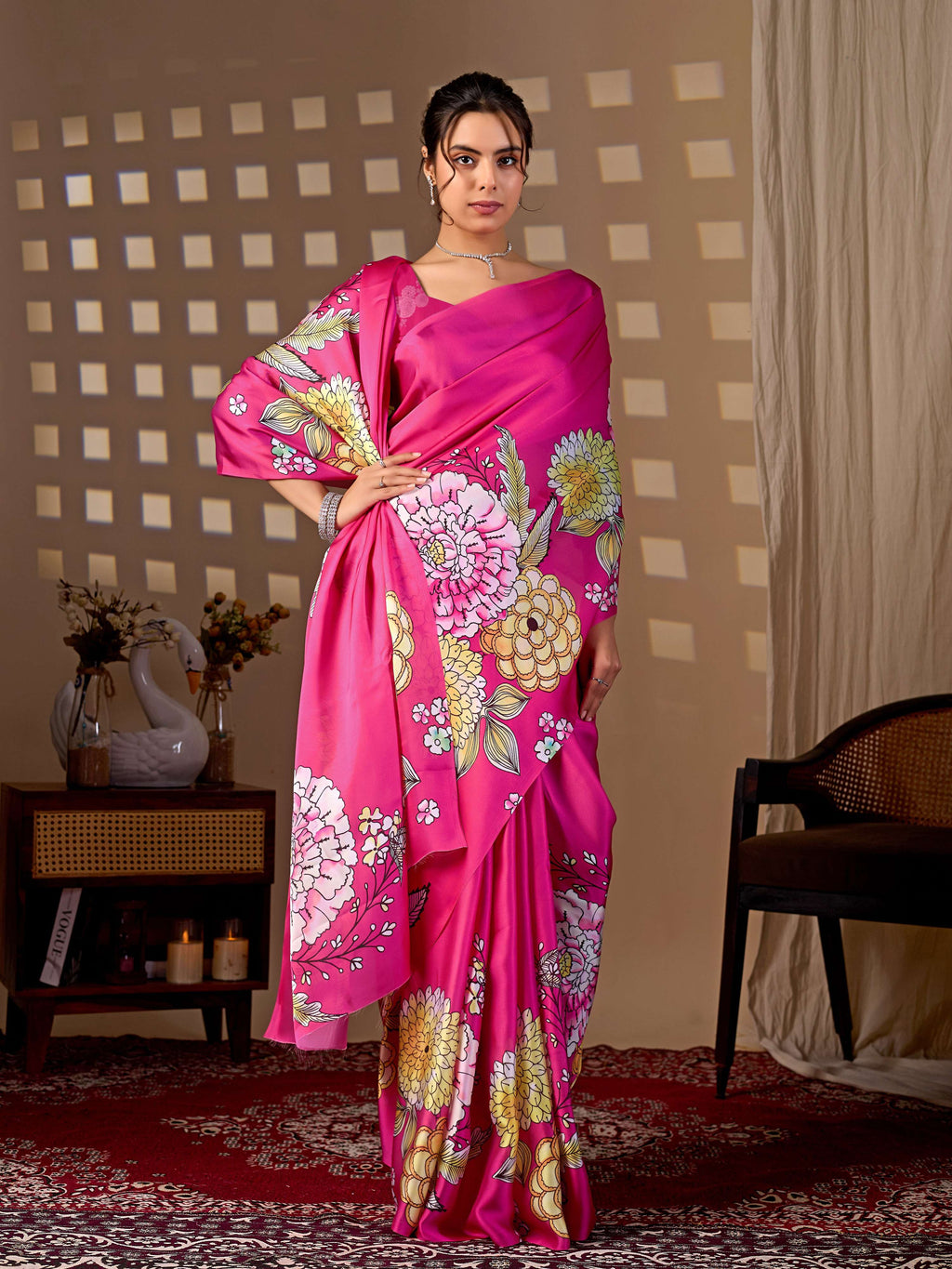 Aastha Fashion Magenta Soft Satin Floral Digital Print Saree - Distacart