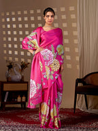 Aastha Fashion Magenta Soft Satin Floral Digital Print Saree - Distacart