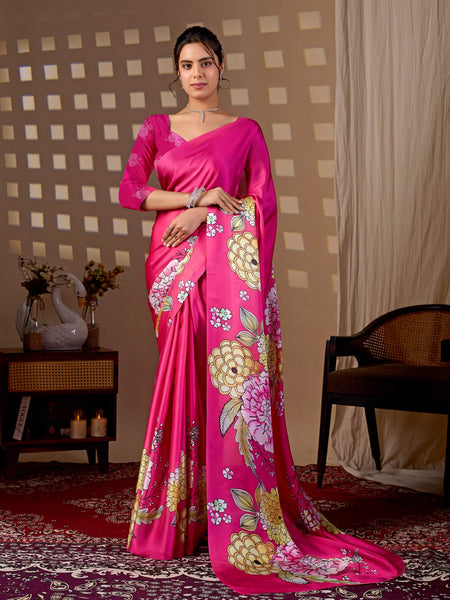 Aastha Fashion Magenta Soft Satin Floral Digital Print Saree