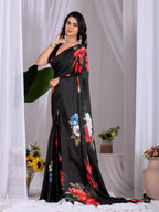 Aastha Fashion Black Soft Satin Georgette Printed Saree - Distacart