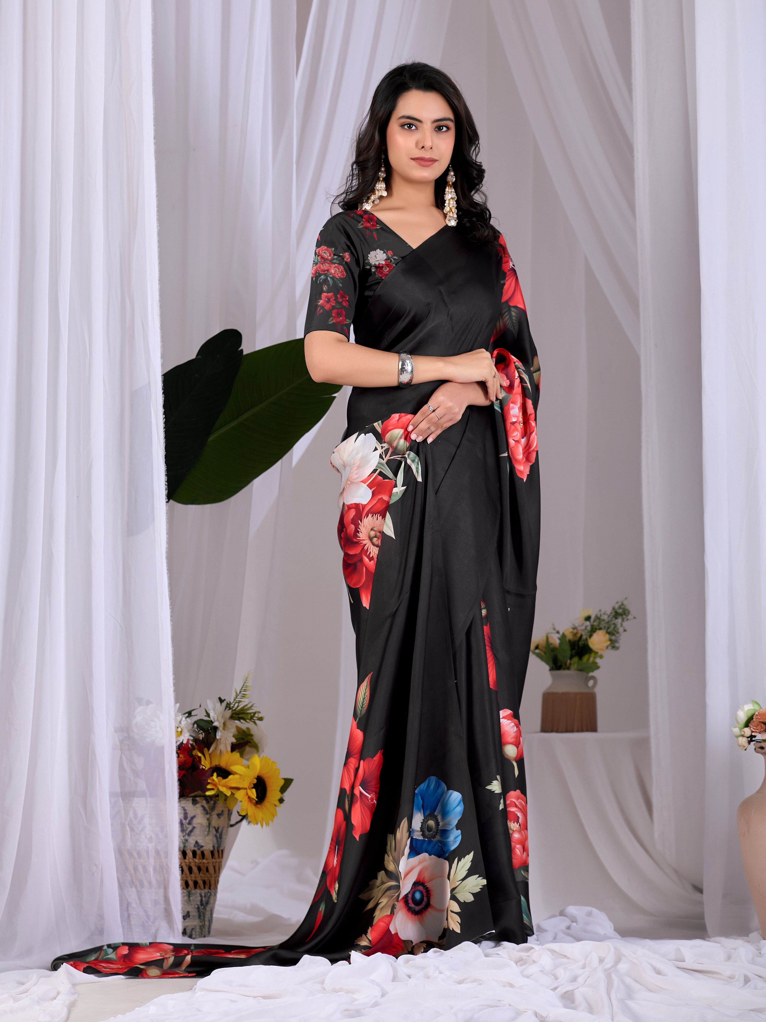 Aastha Fashion Black Soft Satin Georgette Printed Saree - Distacart