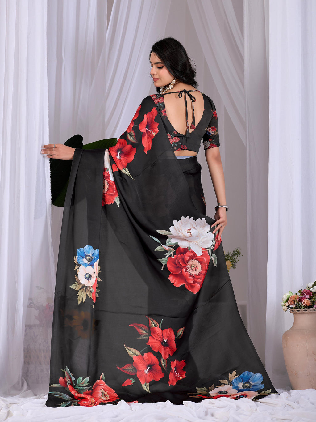 Aastha Fashion Black Soft Satin Georgette Printed Saree - Distacart
