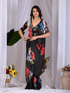 Aastha Fashion Black Soft Satin Georgette Printed Saree - Distacart