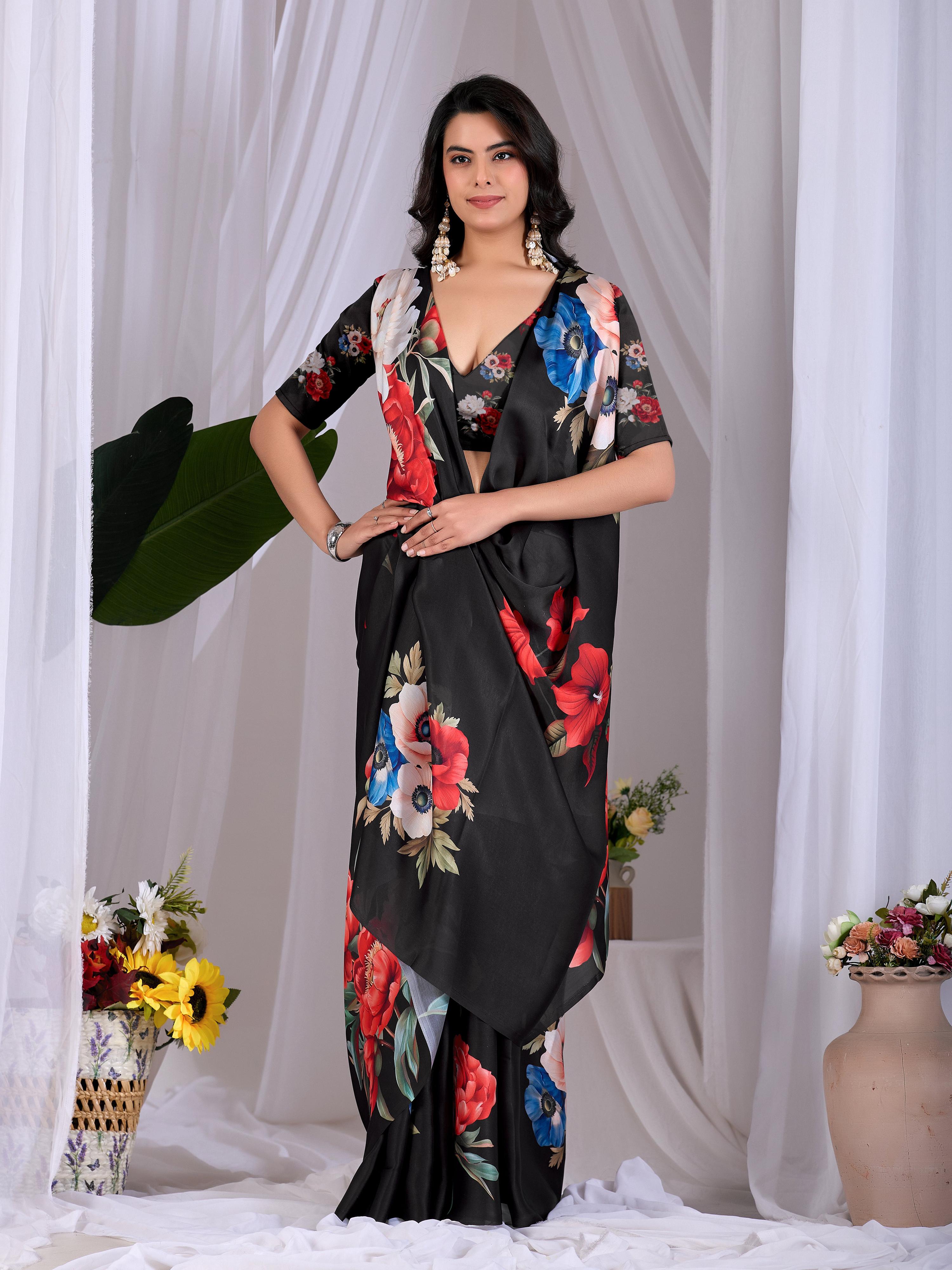 Aastha Fashion Black Soft Satin Georgette Printed Saree - Distacart
