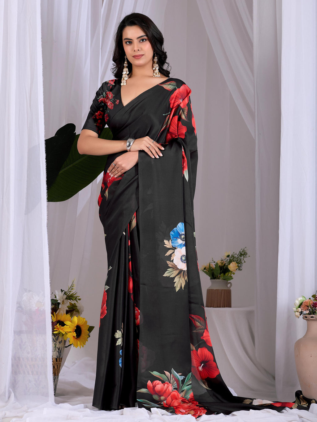 Aastha Fashion Black Soft Satin Georgette Printed Saree - Distacart