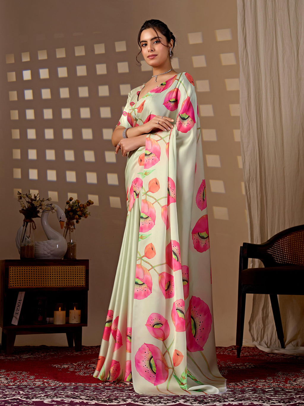 Aastha Fashion Pista Soft Satin Georgette Printed Saree - Distacart