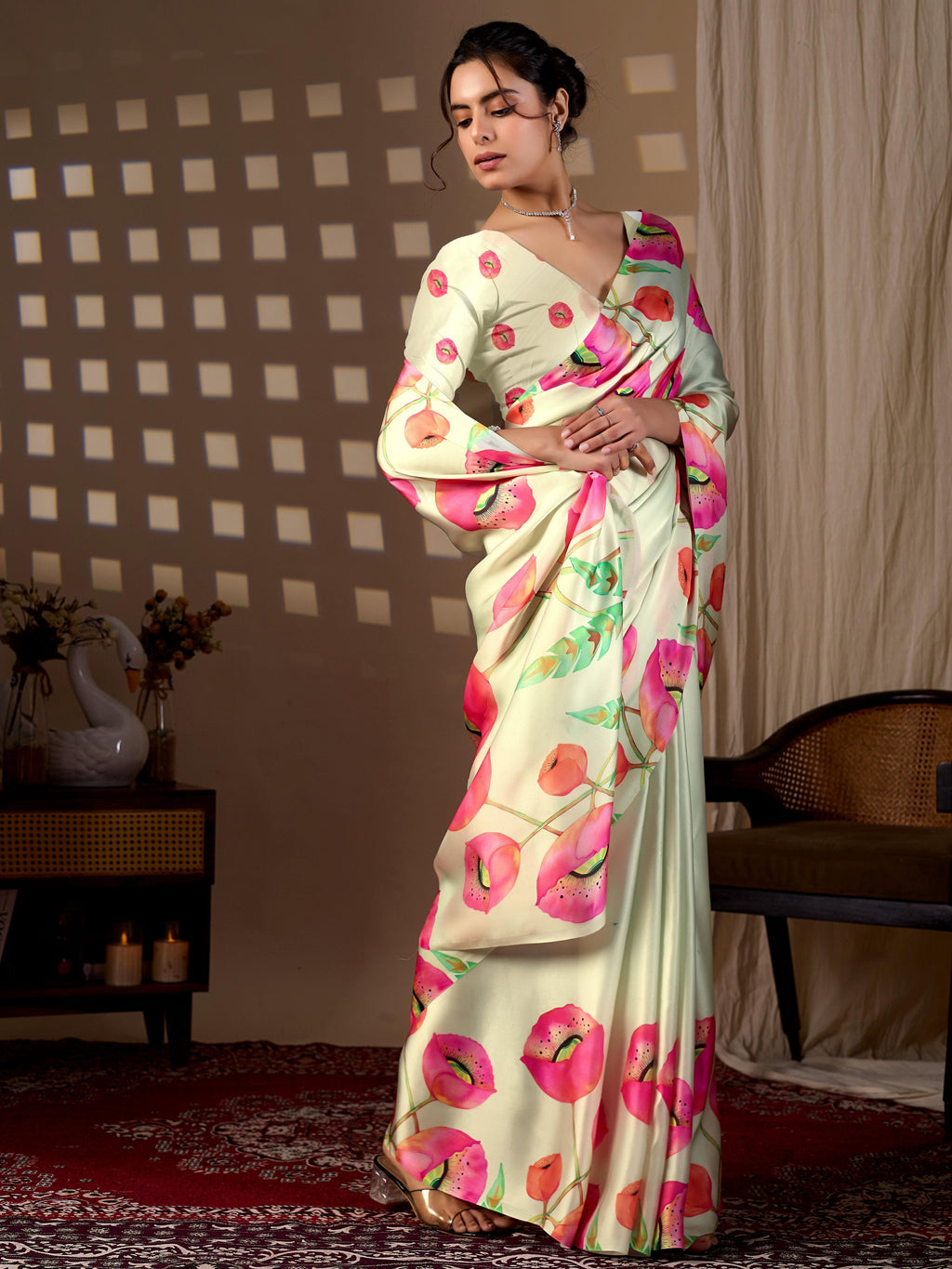 Aastha Fashion Pista Soft Satin Georgette Printed Saree - Distacart