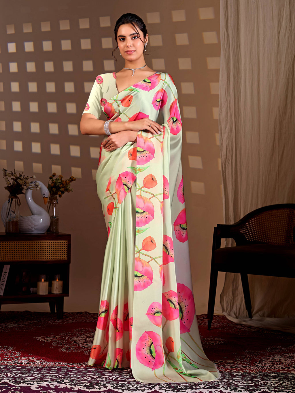 Aastha Fashion Pista Soft Satin Georgette Printed Saree - Distacart