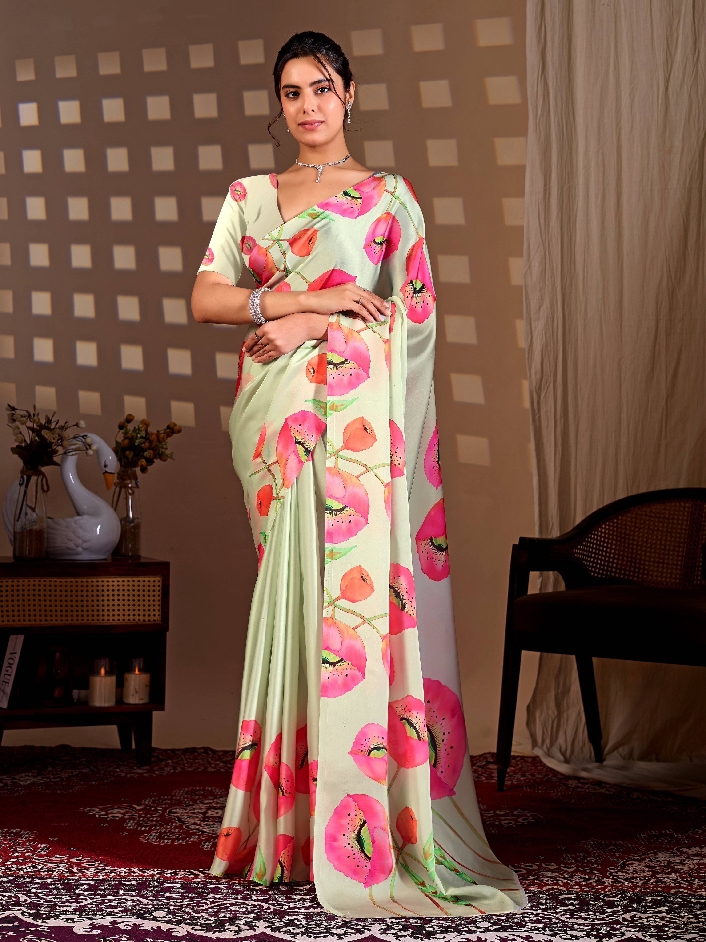 Aastha Fashion Pista Soft Satin Georgette Printed Saree - Distacart