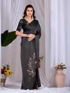 Aastha Fashion Black Soft Satin Georgette Printed Saree - Distacart