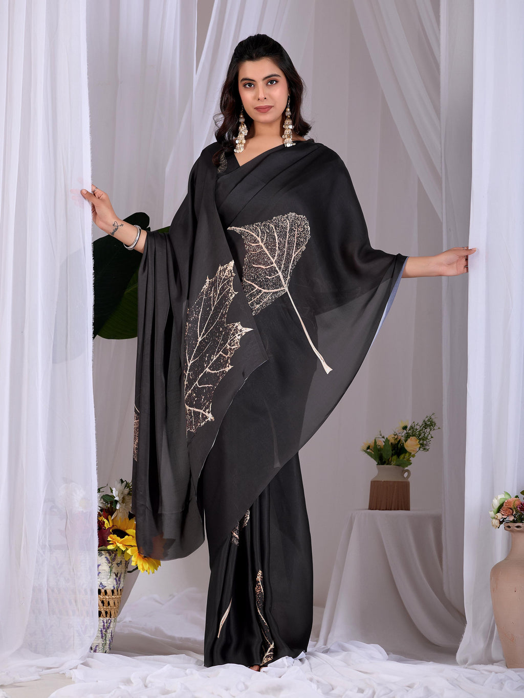 Aastha Fashion Black Soft Satin Georgette Printed Saree - Distacart
