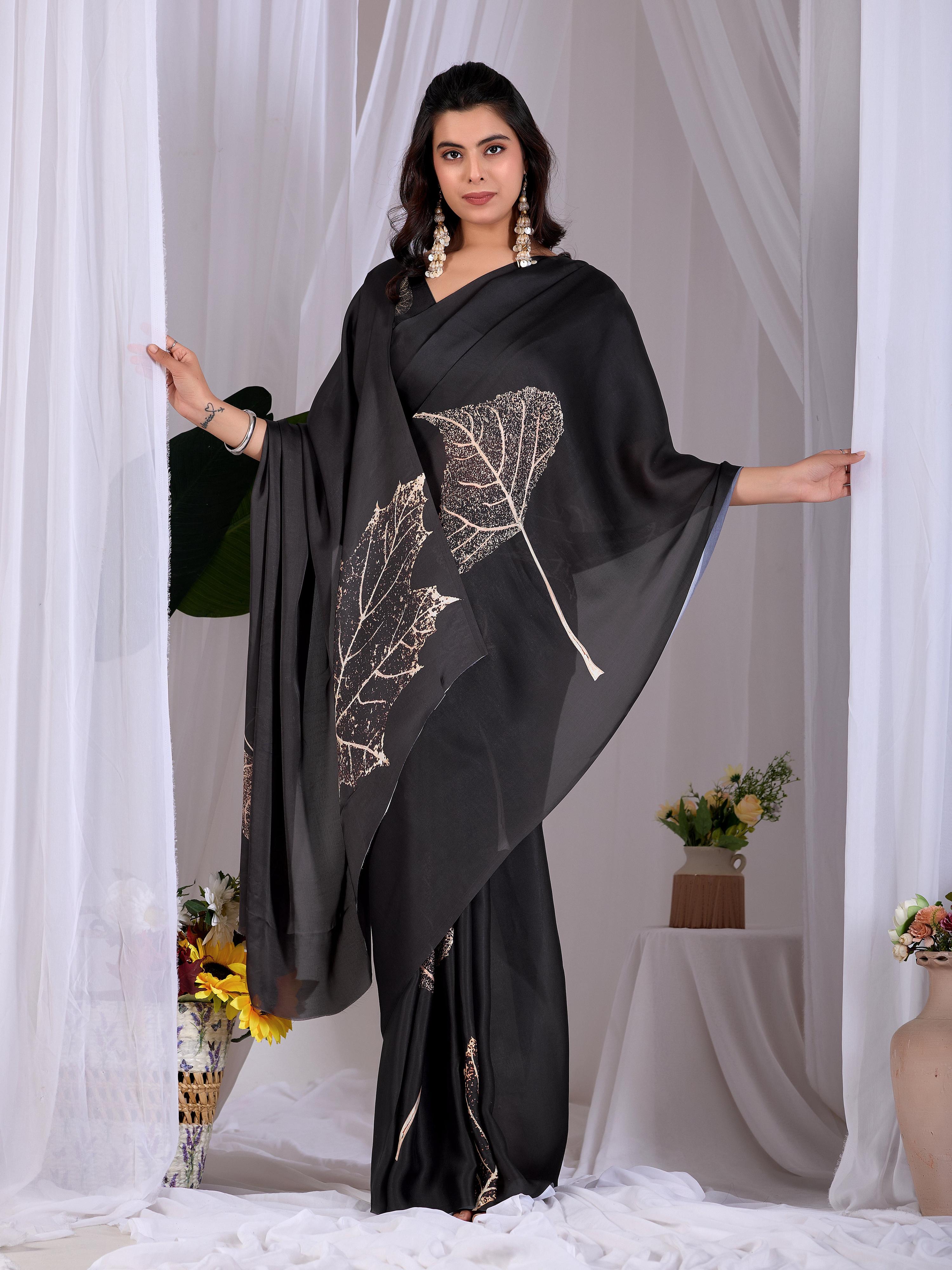 Aastha Fashion Black Soft Satin Georgette Printed Saree - Distacart