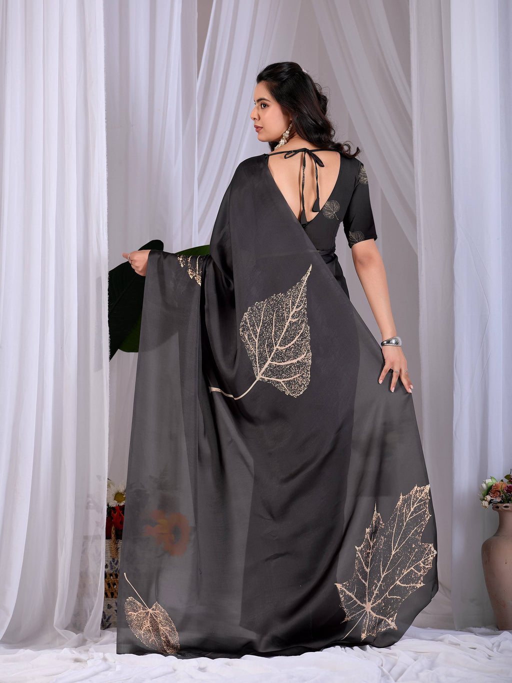 Aastha Fashion Black Soft Satin Georgette Printed Saree - Distacart