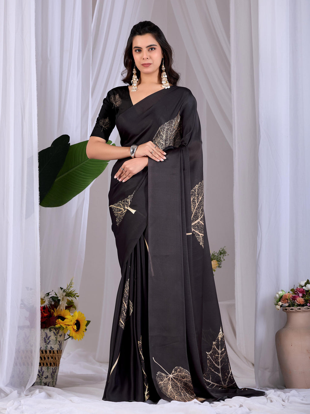 Aastha Fashion Black Soft Satin Georgette Printed Saree - Distacart