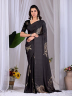 Aastha Fashion Black Soft Satin Georgette Printed Saree - Distacart