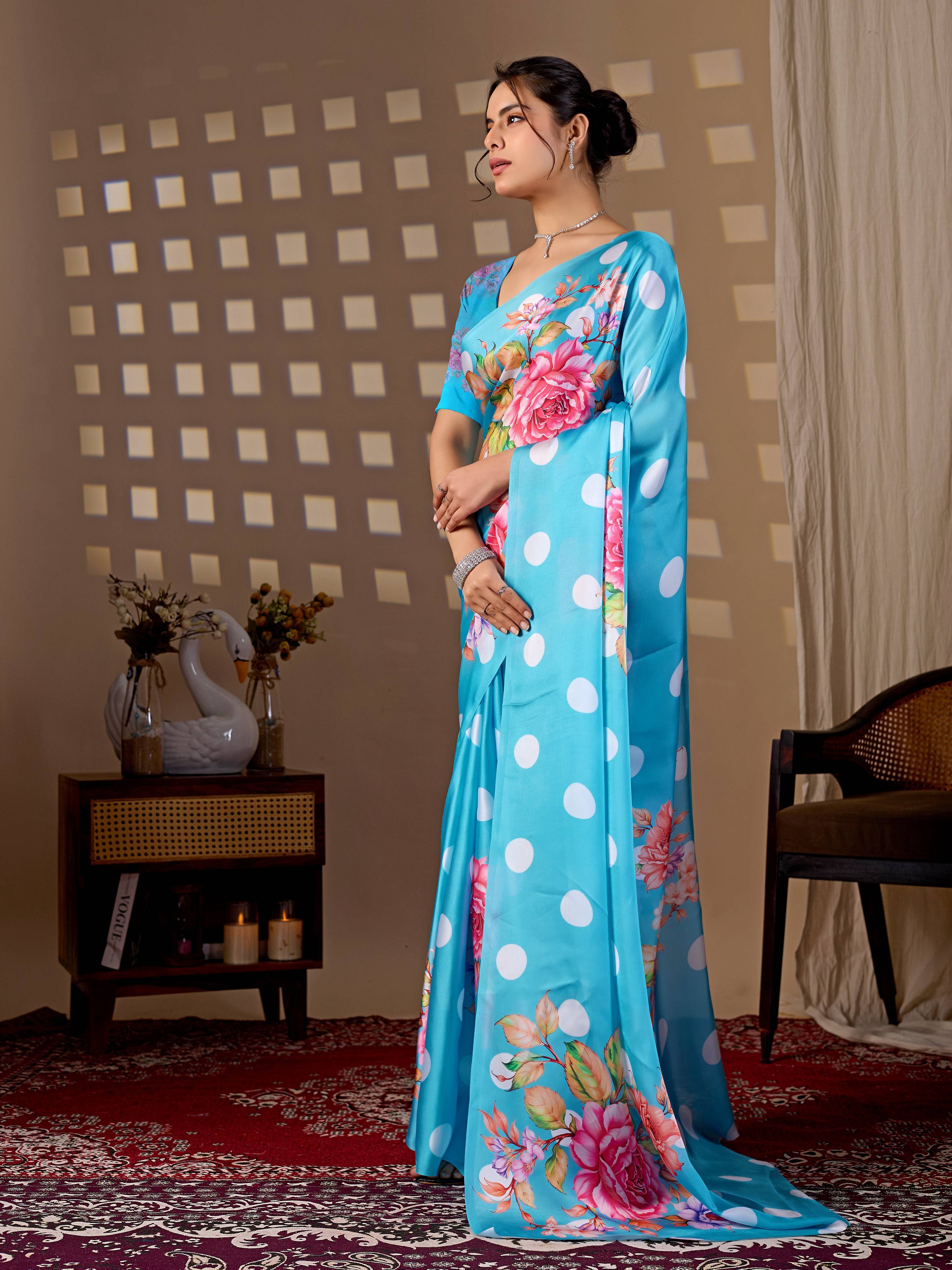 Aastha Fashion Sky Soft Satin Georgette Printed Saree - Distacart