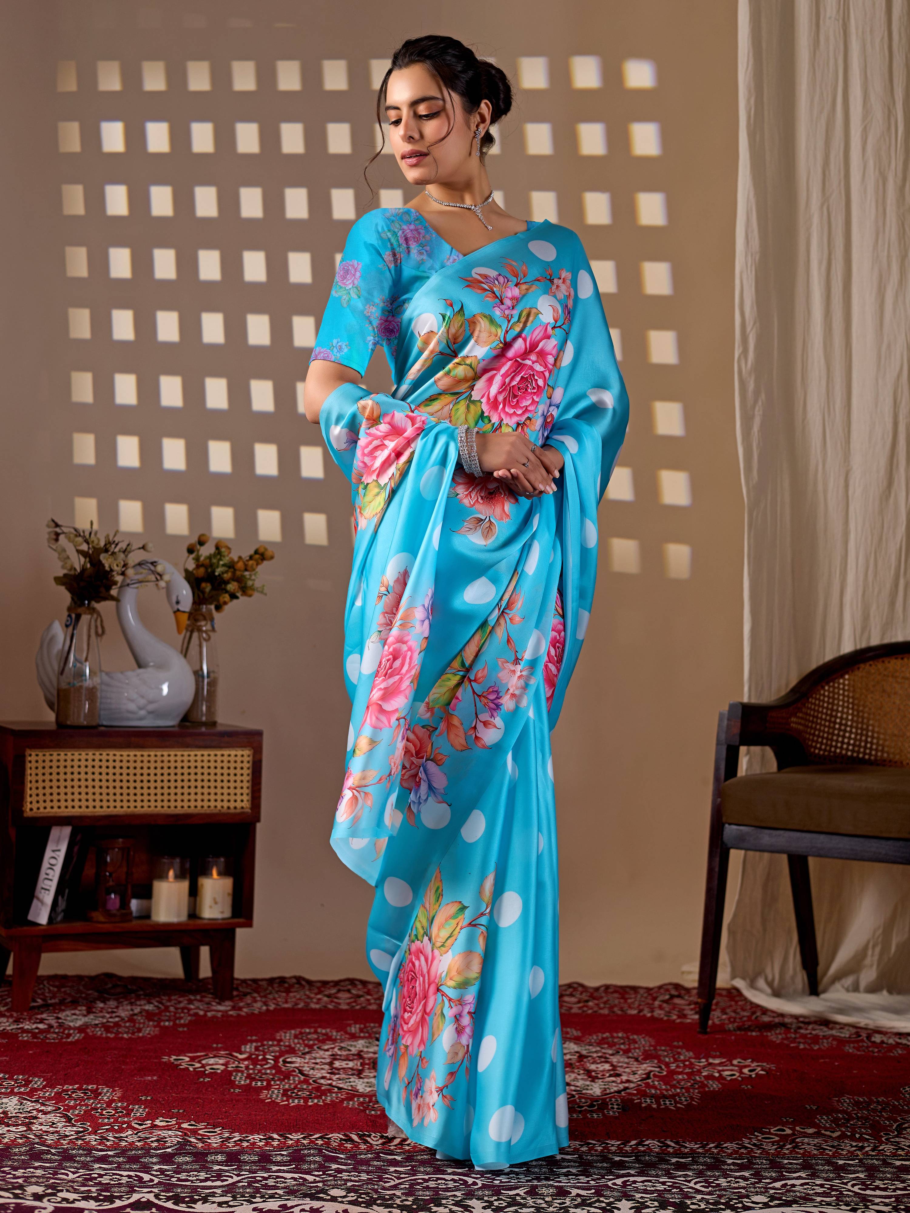 Aastha Fashion Sky Soft Satin Georgette Printed Saree - Distacart