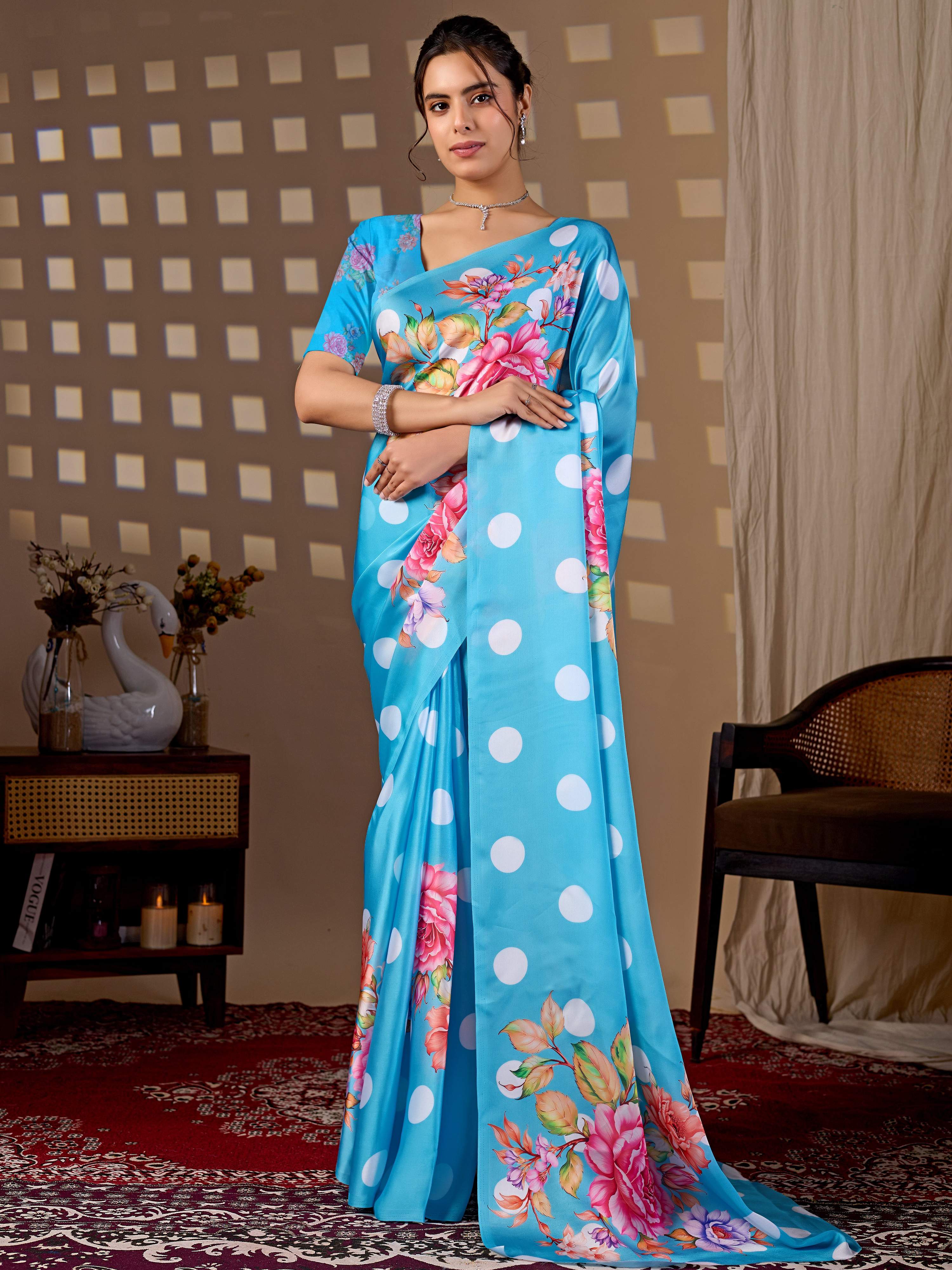 Aastha Fashion Sky Soft Satin Georgette Printed Saree - Distacart