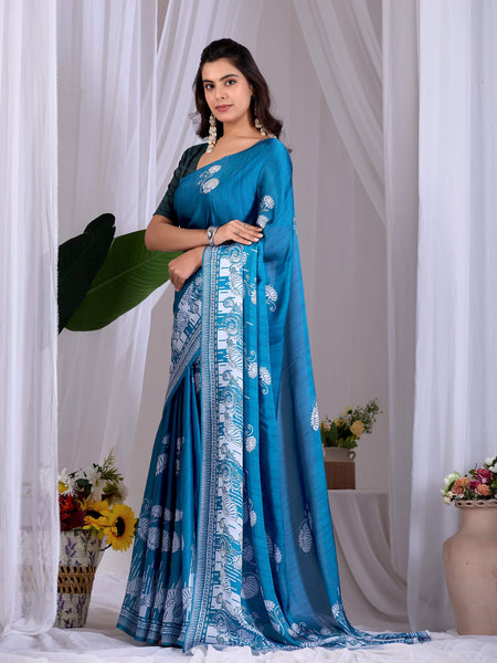 Aastha Fashion Teal Blue Soft Satin Georgette Printed Saree