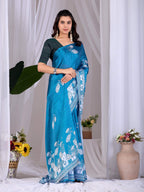 Aastha Fashion Teal Blue Soft Satin Georgette Printed Saree - Distacart